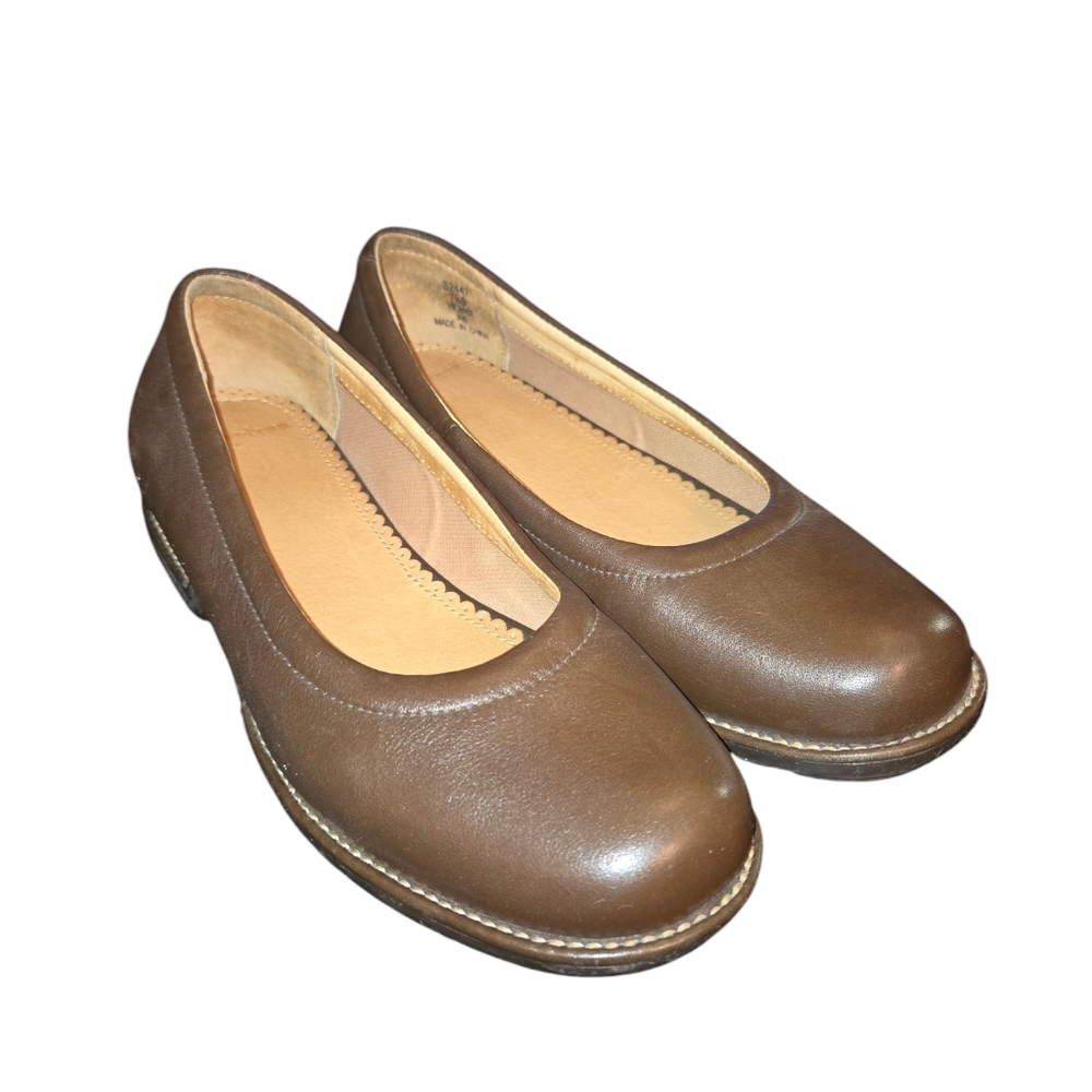 Lands' End‎ Brown Leather Round Toe Low Heel Slip On Comfort Loafers Size 7.5